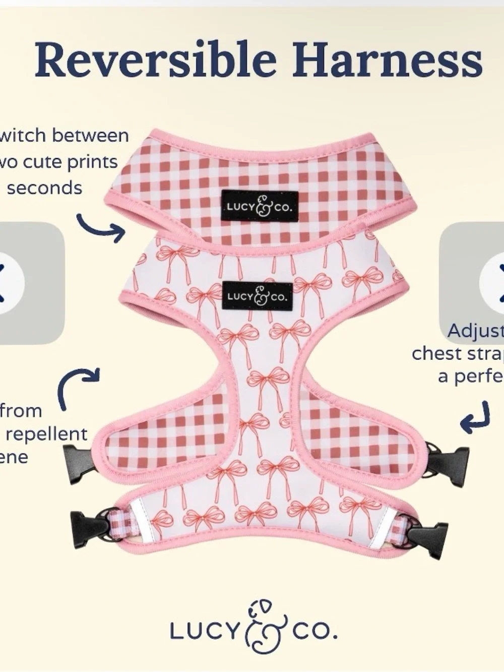 Lucy & Co. Pink Gingham Reversible Bow Dog Bandana Harness - Pink